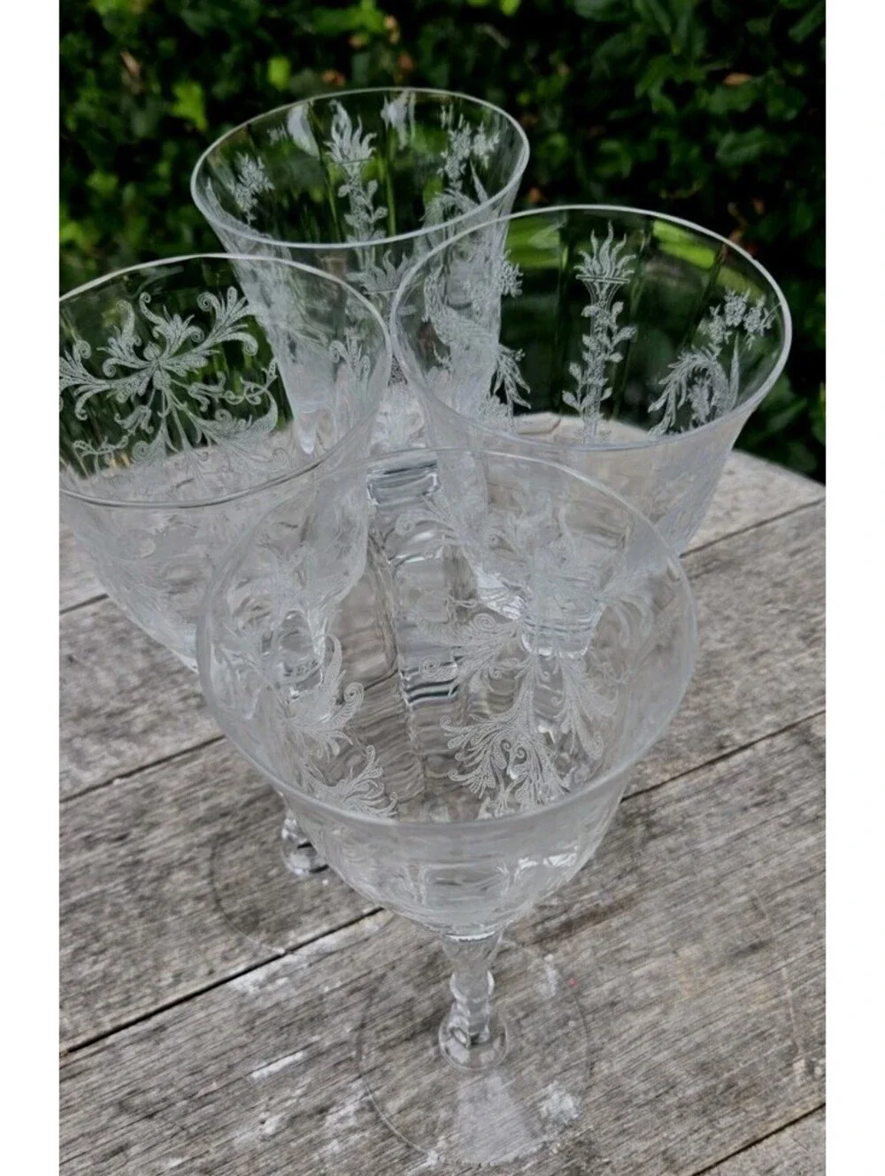 4 Vintage Crystal Water Glasses Goblets , Etched Partridge Stemware 8.5